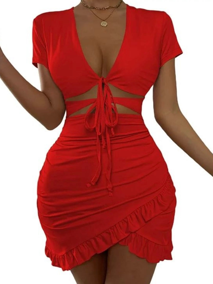 Glamorous Women's Ruffle Trim Wrap Hem V Neck Short Sleeve sexy Short Dress