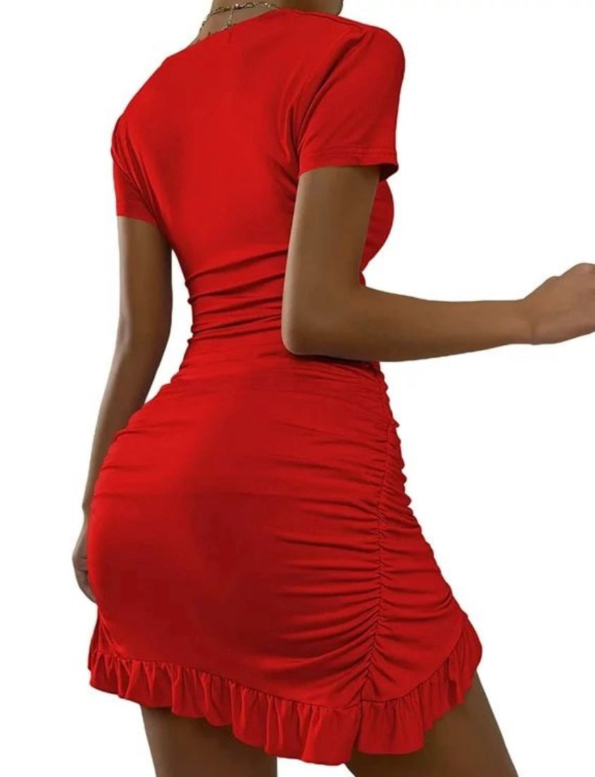 Glamorous Women's Ruffle Trim Wrap Hem V Neck Short Sleeve sexy Short Dress