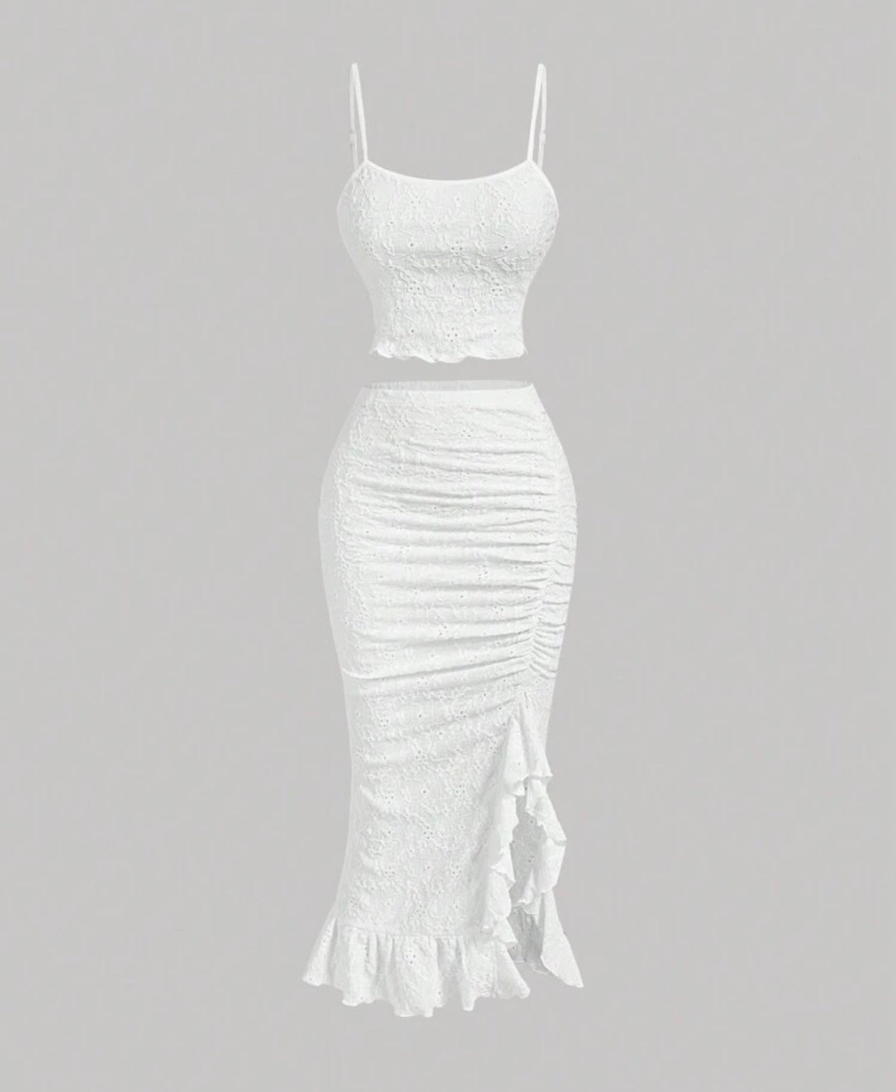 Knitted Ruffle Edge Two-Piece Set, Lace Top And Long Skirt Suit, White Summer Sets