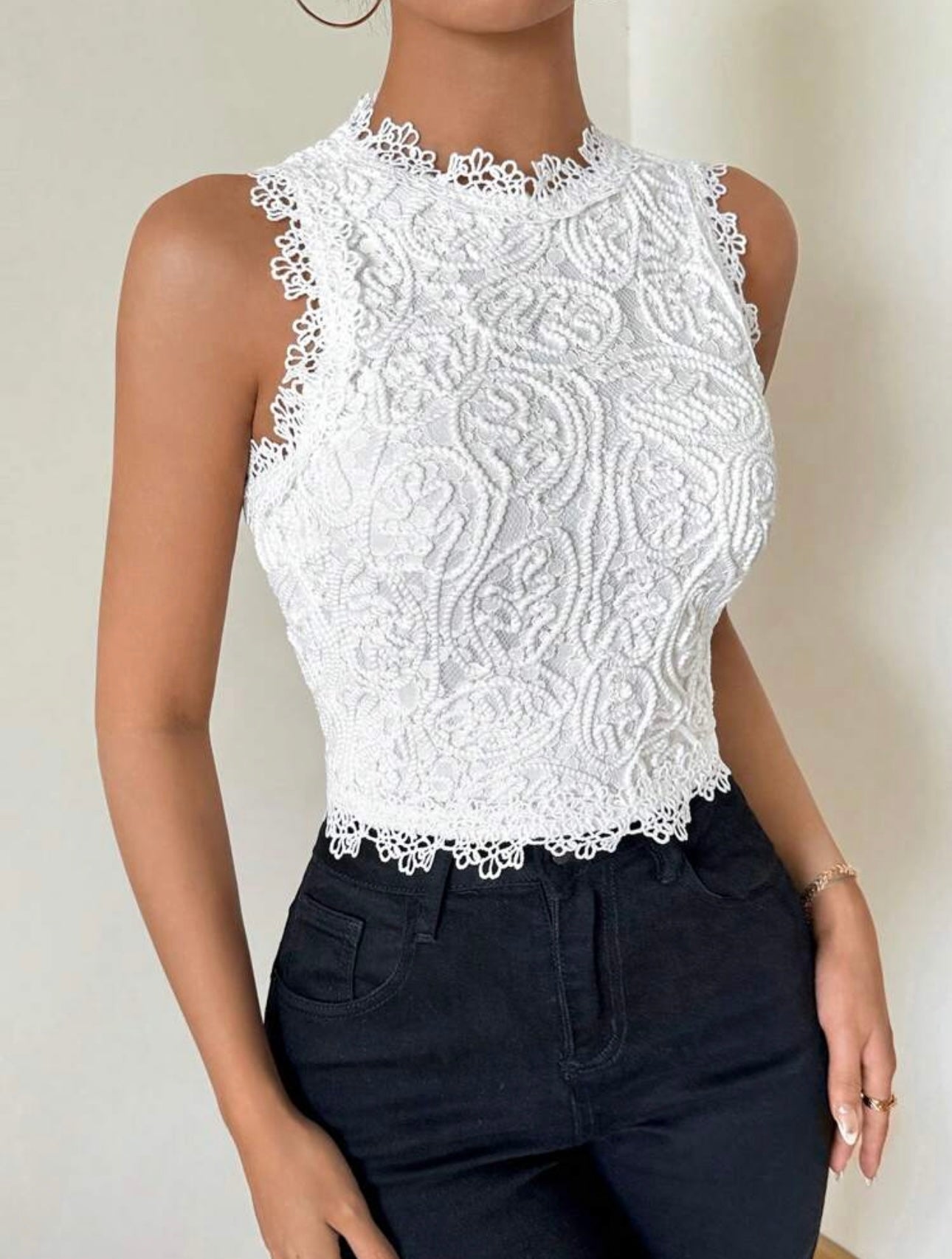 Privé Women Elegant Lace Slim Fit Sleeveless Round Neck White Tank Top For Holiday, Romance And Wedding Season